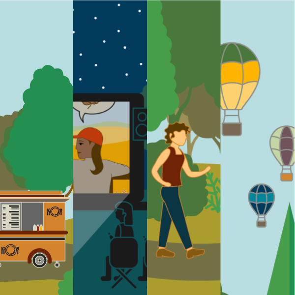 四个场景拼接在一起，展示了热气球、徒步旅行者、户外电影和食品车