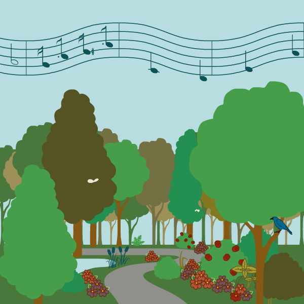 音乐的音符在树上和鸟儿的空中盘旋